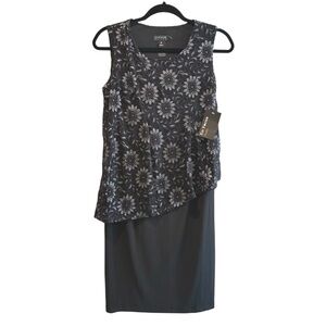 EnFocus Petite Sleeveless Floral Lace Overlay Layered Dress Black Silver 4P NWT